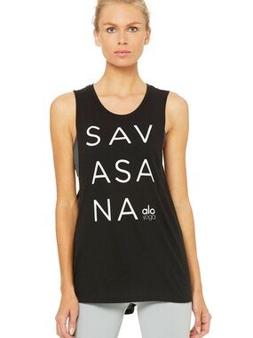 ALO Yoga Black Tank with White 'SAVASANA' Graphic